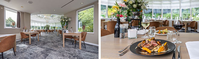 restaurant, tafels, stoelen, eten, wijn, bloemen